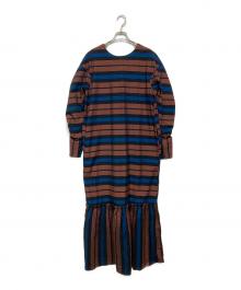 sara mallika（サラマリカ）の古着「Cotton Multi Border Back Gather Dress(コットン マルチ ボーダー バック ギャザー ドレス）」｜ブラウン×ブルー