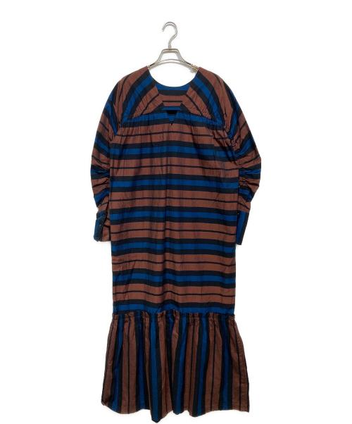 sara mallika（サラマリカ）sara mallika (サラマリカ) Cotton Multi Border Back Gather Dress(コットン マルチ ボーダー バック ギャザー ドレス） ブラウン×ブルー サイズ:不明の古着・服飾アイテム