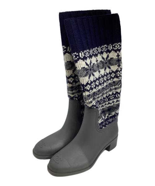 CHANEL（シャネル）CHANEL (シャネル) ノルディック ラバー ロングブーツ ネイビー×グレー サイズ:US６の古着・服飾アイテム