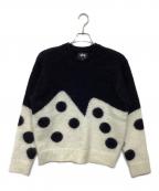 stussyステューシー）の古着「DICE FUZZY CREW KNIT」｜ブラック×ホワイト