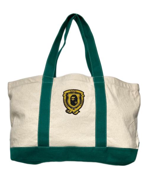 A BATHING APE（ア ベイシング エイプ）A BATHING APE (ア ベイシング エイプ) moussy (マウジー) キャンバストートバッグ アイボリー×グリーンの古着・服飾アイテム