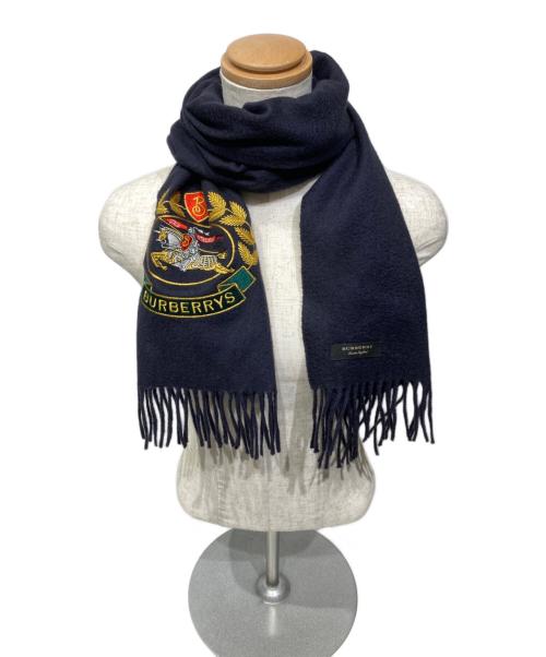 BURBERRY（バーバリー）BURBERRY (バーバリー) 刺繍ロゴ カシミヤマフラー ネイビーの古着・服飾アイテム