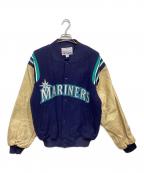 Majesticマジェスティック）の古着「90ｓレザースタジャン」｜ネイビー×ベージュ