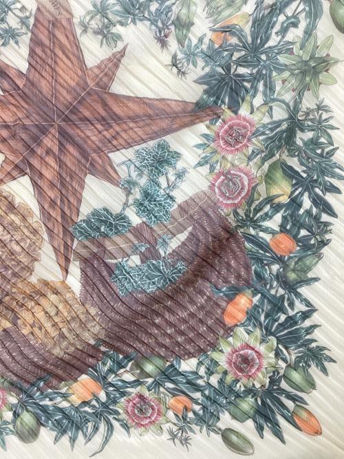 HERMES（エルメス）HERMES (エルメス) カレ 90 プリーツスカーフ イエロー×ブラウン×グリーンの古着・服飾アイテム