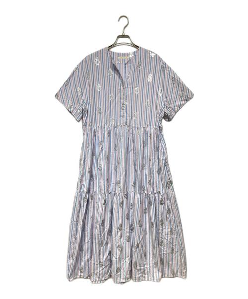 ne quittez pas（ヌキテパ）ne quittez pas (ヌキテパ) Cotton Poplin Stripe Foil Print Half Sleeve Tiered Dress ピンク×ブルー サイズ:Mの古着・服飾アイテム
