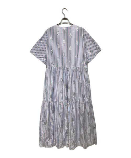 ne quittez pas（ヌキテパ）ne quittez pas (ヌキテパ) Cotton Poplin Stripe Foil Print Half Sleeve Tiered Dress ピンク×ブルー サイズ:Mの古着・服飾アイテム