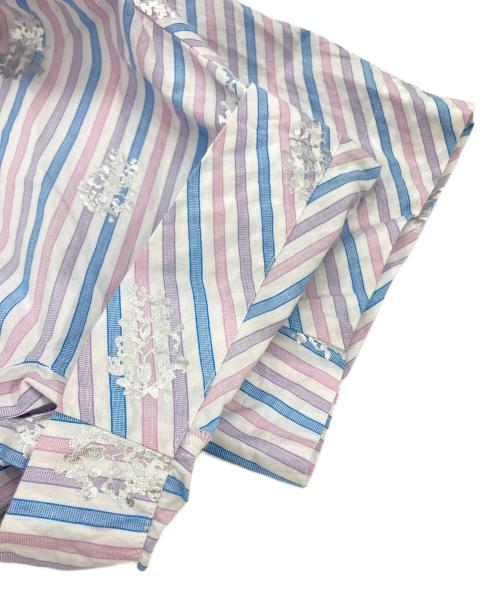 ne quittez pas（ヌキテパ）ne quittez pas (ヌキテパ) Cotton Poplin Stripe Foil Print Half Sleeve Tiered Dress ピンク×ブルー サイズ:Mの古着・服飾アイテム