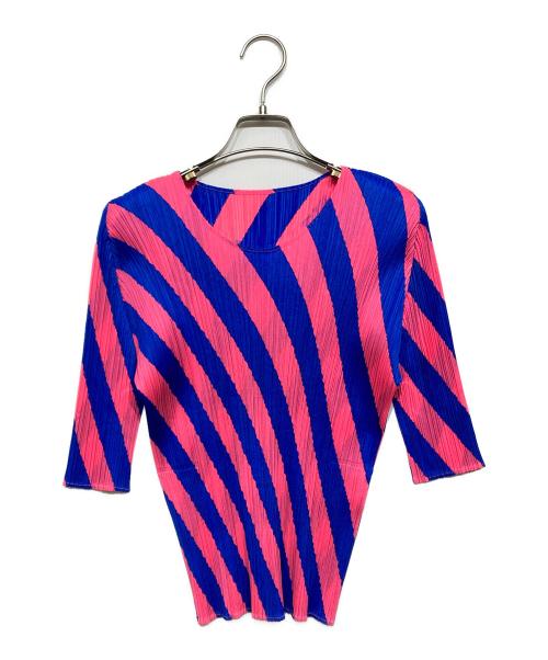 PLEATS PLEASE（プリーツプリーズ）PLEATS PLEASE (プリーツプリーズ) プリーツカットソー ブルー×ピンク サイズ:3の古着・服飾アイテム