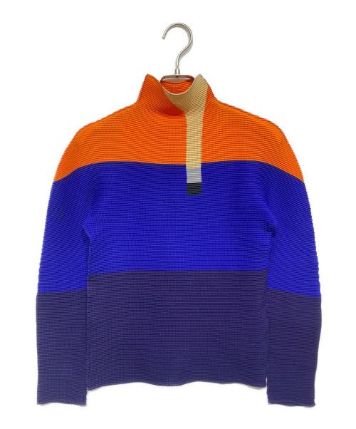 me ISSEY MIYAKE（ミーイッセイ ミヤケ）me ISSEY MIYAKE (ミーイッセイ ミヤケ) デザインハイネックプリーツカットソー ネイビー×オレンジ サイズ:不明の古着・服飾アイテム