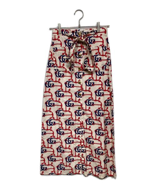 GUCCI（グッチ）GUCCI (グッチ) ダブルG アンカープリント コットン スカート ベージュ×ネイビー×レッド サイズ:36の古着・服飾アイテム
