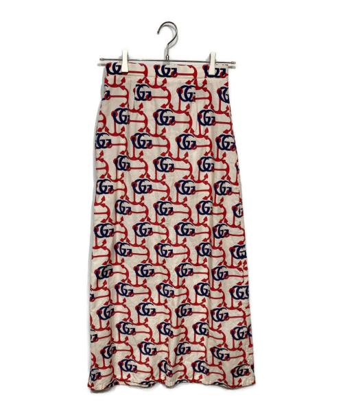 GUCCI（グッチ）GUCCI (グッチ) ダブルG アンカープリント コットン スカート ベージュ×ネイビー×レッド サイズ:36の古着・服飾アイテム