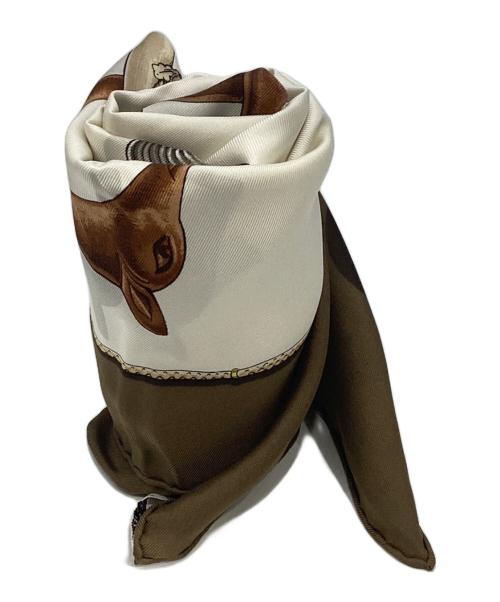 HERMES（エルメス）HERMES (エルメス) カレ90 シルクスカーフ ベージュ×ホワイトの古着・服飾アイテム