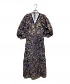 ne quittez pasヌキテパ）の古着「Cotton Voile Foil Flower Print  Volume Sleeve Dress」｜ネイビー×ゴールド