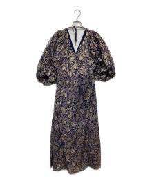 ne quittez pas（ヌキテパ）の古着「Cotton Voile Foil Flower Print  Volume Sleeve Dress」｜ネイビー×ゴールド