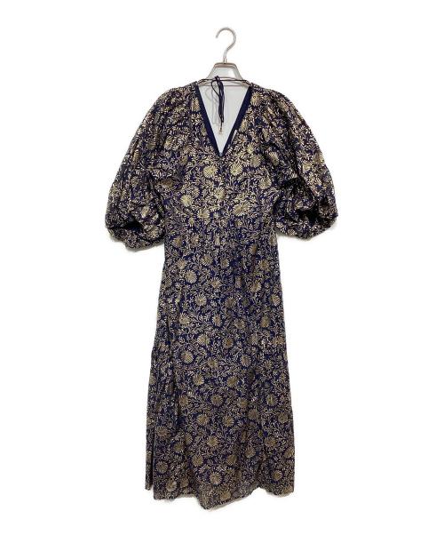 ne quittez pas（ヌキテパ）ne quittez pas (ヌキテパ) Cotton Voile Foil Flower Print  Volume Sleeve Dress ネイビー×ゴールド サイズ:Free 未使用品の古着・服飾アイテム