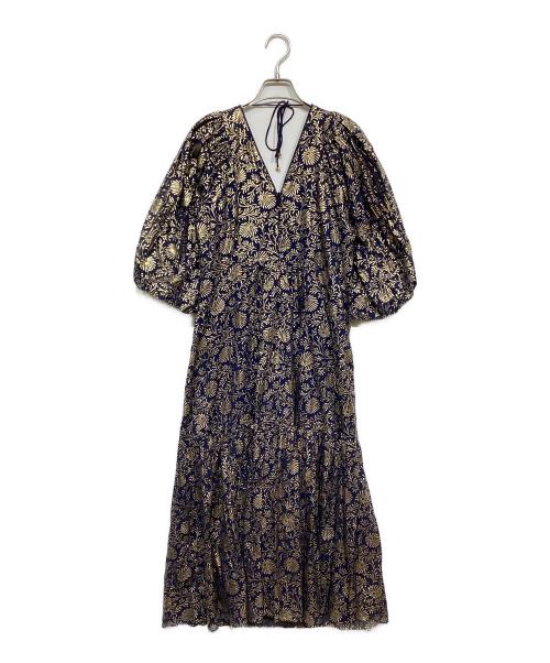 ne quittez pas（ヌキテパ）ne quittez pas (ヌキテパ) Cotton Voile Foil Flower Print  Volume Sleeve Dress ネイビー×ゴールド サイズ:Free 未使用品の古着・服飾アイテム