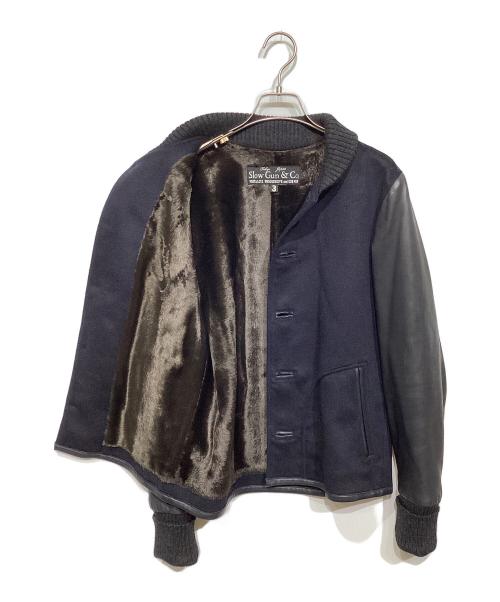 SLOWGUN（スロウガン）SLOWGUN (スロウガン) ラムレザー×カシミヤ 切替スタジャン ネイビー サイズ:3の古着・服飾アイテム