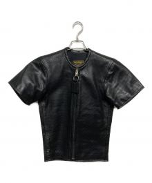 VANSON（バンソン）の古着「パンチングレザー半袖ジップアップジャケット」｜ブラック