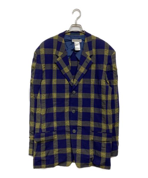 ISSEY MIYAKE MEN（イッセイミヤケメン）ISSEY MIYAKE MEN (イッセイミヤケメン) シワ加工チェック3Bテーラードジャケット パープル×カーキ サイズ:Lの古着・服飾アイテム