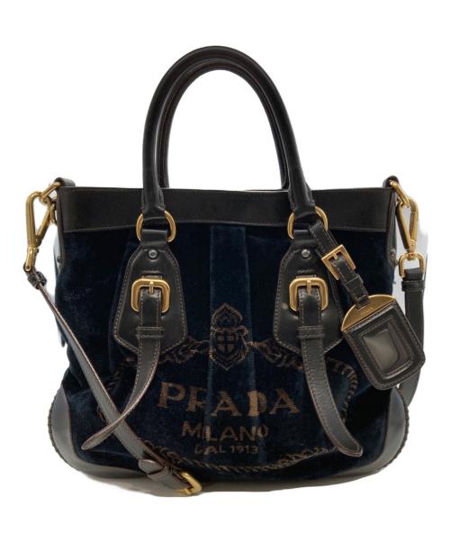 PRADA（プラダ）PRADA (プラダ) ベルベットジャガード2WAYバッグ ネイビーの古着・服飾アイテム
