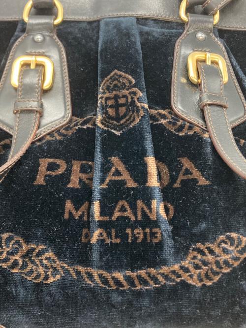 PRADA（プラダ）PRADA (プラダ) ベルベットジャガード2WAYバッグ ネイビーの古着・服飾アイテム