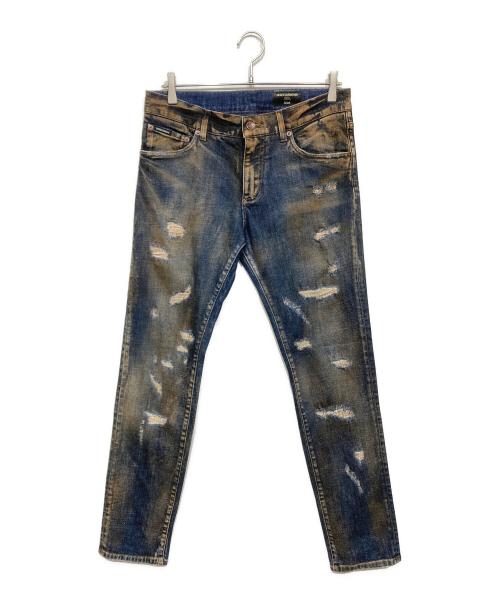 DOLCE & GABBANA（ドルチェ＆ガッバーナ）DOLCE & GABBANA (ドルチェ＆ガッバーナ) ダメージ加工デニムパンツ インディゴ×ブラウン サイズ:46の古着・服飾アイテム