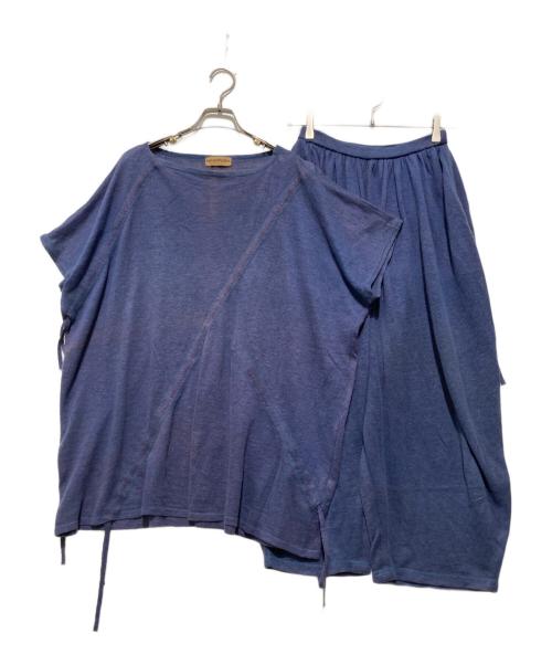ISSEY MIYAKE（イッセイミヤケ）ISSEY MIYAKE (イッセイミヤケ) リネンノースリーブニットセットアップアップ パンツセット ブルー サイズ:表記なしの古着・服飾アイテム