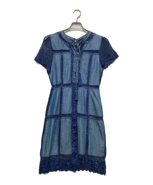 alice+olivia（アリスアンドオリビア）alice+olivia (アリスアンドオリビア) 半袖デニムカットワークワンピース ブルー サイズ:XLの古着・服飾アイテム
