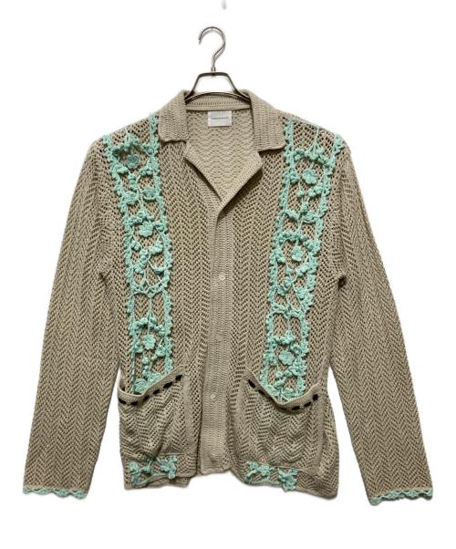 CAMPHOR WOOD（カンファーウッド）CAMPHOR WOOD (カンファーウッド) hand knit flower line Cuba shirt cardigan ハンドニット フラワーライン キューバシャツ カーディガン ベージュ サイズ:Lの古着・服飾アイテム