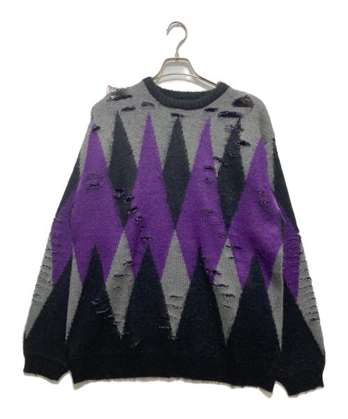 CAPTAINS HELM（キャプテンズヘルム）CAPTAINS HELM (キャプテンズヘルム) WORN OUT CREW SWEATER ブラック×パープル サイズ:Lの古着・服飾アイテム