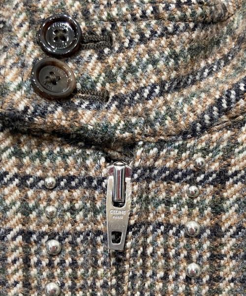 CELINE（セリーヌ）CELINE (セリーヌ) TEDDY JACKET WITH STAND UP COLLAR IN CHECKED WOOL ブラウン サイズ:46の古着・服飾アイテム