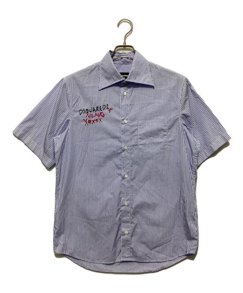 DSQUARED2（ディースクエアード）DSQUARED2 (ディースクエアード) SHIRT /SCRIBBLE BOWLING SRT 半袖ストライプシャツ ホワイト×ブルー サイズ:44の古着・服飾アイテム