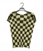 PLEATS PLEASEプリーツプリーズ）の古着「CHECK S/S PLEATS TOP フレンチスリーブ半袖 市松 チェック プリーツカットソー」｜グリーン×アイボリー