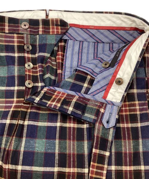 PT01（ピーティーゼロウーノ）PT01 (ピーティーゼロウーノ) エヴォフィット・リネンシルクチェックパンツ ネイビー×グリーン サイズ:Lの古着・服飾アイテム