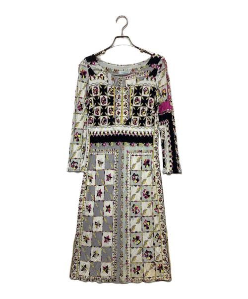 Emilio Pucci（エミリオ プッチ）Emilio Pucci (エミリオ プッチ) レーヨン総柄ワンピース ホワイト×ブラック サイズ:38の古着・服飾アイテム