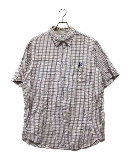 stussy（ステューシー）stussy (ステューシー) 胸ロゴ刺繍チェックシャツ ホワイト×ブルー サイズ:XLの古着・服飾アイテム