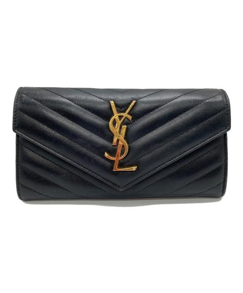 Yves Saint Laurent（イヴサンローラン）Yves Saint Laurent (イヴサンローラン) カサンドラ YSLロゴ Vステッチ キルティング フラップ ロングウォレット 長財布 ブラックの古着・服飾アイテム