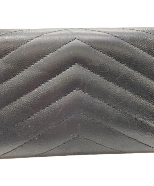 Yves Saint Laurent（イヴサンローラン）Yves Saint Laurent (イヴサンローラン) カサンドラ YSLロゴ Vステッチ キルティング フラップ ロングウォレット 長財布 ブラックの古着・服飾アイテム