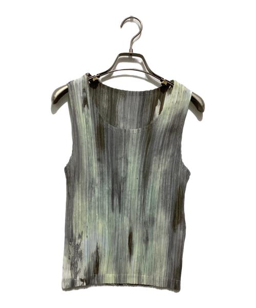 ISSEY MIYAKE（イッセイミヤケ）ISSEY MIYAKE (イッセイミヤケ) 総柄プリーツノースリーブカットソー グリーン×グレー サイズ:Mの古着・服飾アイテム