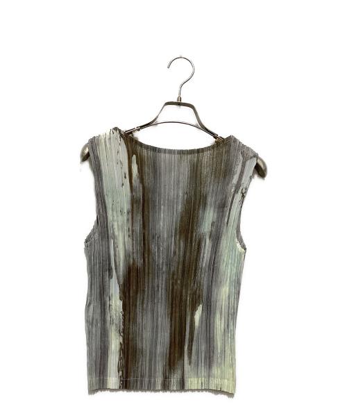 ISSEY MIYAKE（イッセイミヤケ）ISSEY MIYAKE (イッセイミヤケ) 総柄プリーツノースリーブカットソー グリーン×グレー サイズ:Mの古着・服飾アイテム