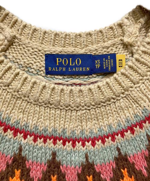 POLO RALPH LAUREN（ポロ・ラルフローレン）POLO RALPH LAUREN (ポロ・ラルフローレン) コットンリネンネイティブ柄半袖ニット ベージュ サイズ:XSの古着・服飾アイテム