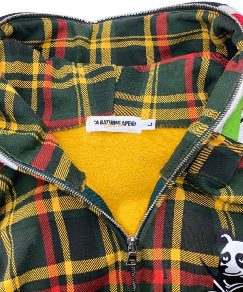 A BATHING APE（ア ベイシング エイプ）A BATHING APE (ア ベイシング エイプ) チェック柄パンダパーカー グリーン×イエロー サイズ:Ｌの古着・服飾アイテム