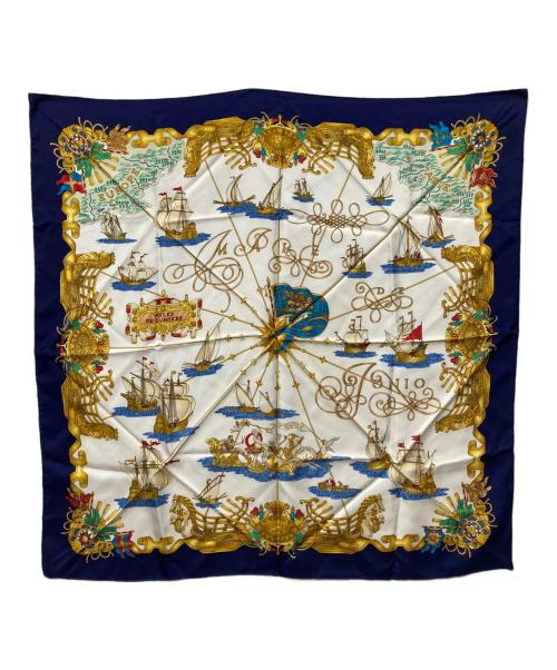 HERMES（エルメス）HERMES (エルメス) 光の帆船 カレ90シルクスカーフ ネイビー×ホワイトの古着・服飾アイテム