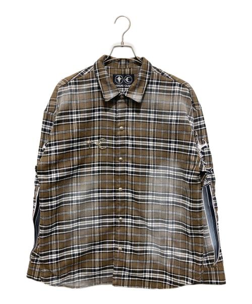 THUG CLUB（サグ クラブ）THUG CLUB (サグ クラブ) スリーブワッペンチェックシャツ ブラウン サイズ:3の古着・服飾アイテム