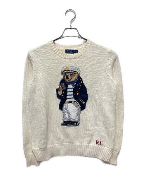 POLO RALPH LAUREN（ポロ・ラルフローレン）POLO RALPH LAUREN (ポロ・ラルフローレン) ポロベアマリンクルーネック刺繍ニット アイボリー サイズ:Mの古着・服飾アイテム