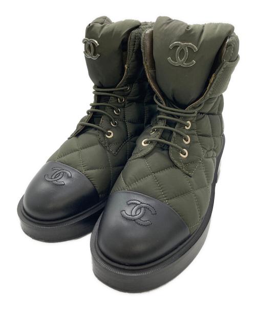 CHANEL（シャネル）CHANEL (シャネル) ココマークキルティングハイカットスニーカー グリーン×ブラック サイズ:38の古着・服飾アイテム