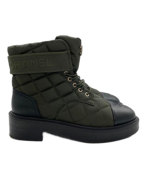 CHANEL（シャネル）CHANEL (シャネル) ココマークキルティングハイカットスニーカー グリーン×ブラック サイズ:38の古着・服飾アイテム
