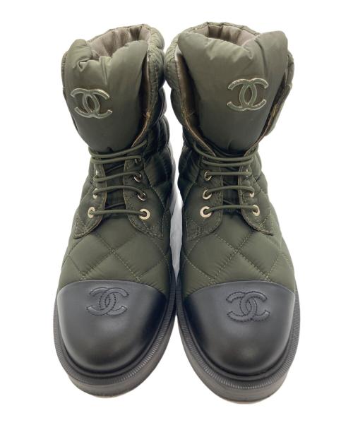 CHANEL（シャネル）CHANEL (シャネル) ココマークキルティングハイカットスニーカー グリーン×ブラック サイズ:38の古着・服飾アイテム