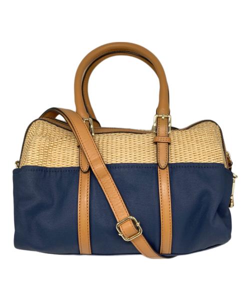 TORY BURCH（トリーバーチ）TORY BURCH (トリーバーチ) 切替ストロー2WAYバッグ ネイビー×ブラウンの古着・服飾アイテム