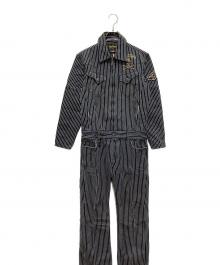 VANSON（バンソン）の古着「デニムストライプオールインワン」｜ネイビー
